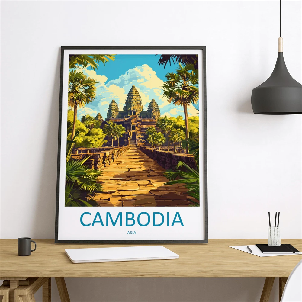 Cambodia Travel Poster Asia Wall Art Angkor Wat Temple Print Ancient Decor Southeast Asia Art Canvas Painting Vintage Poster
