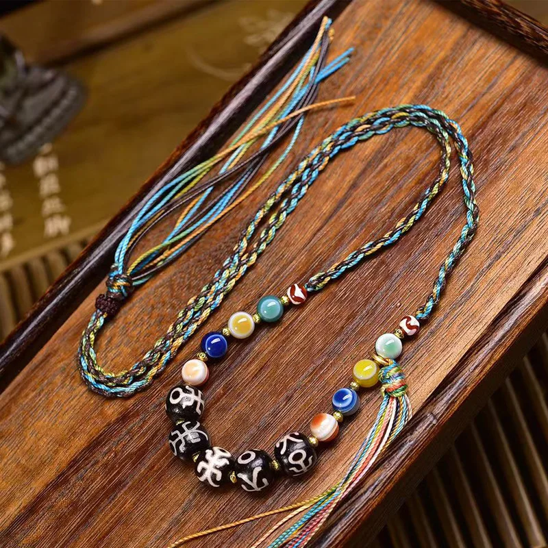 Natural Agate Nobleman Dzi Necklace, Multi-Treasure Eye of Heaven Clavicle Chain, Tibetan Style Buddhist Bead Handmade Wove