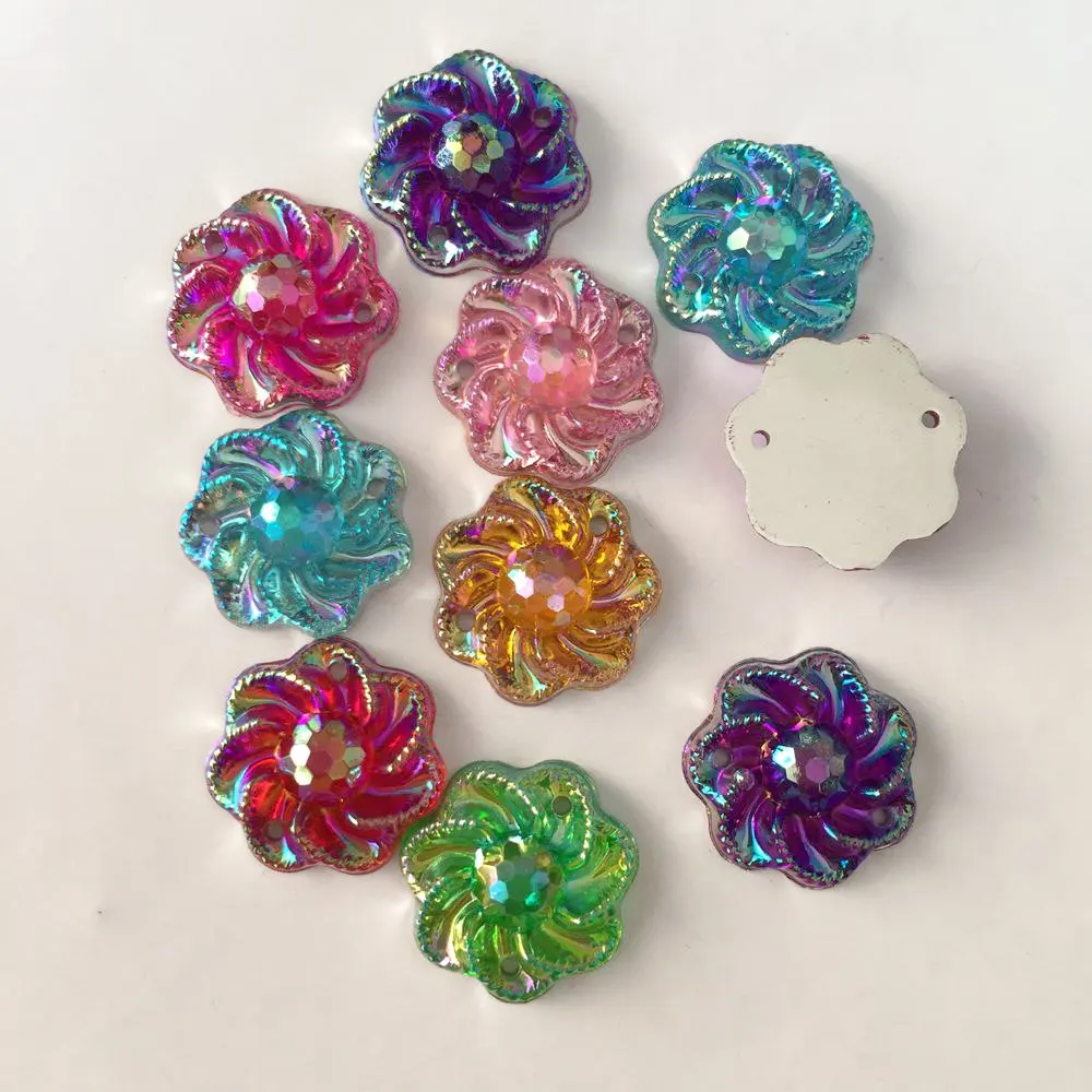 40PCS 15mm AB Resin Flower Rhinestone Flatback Wedding Diy Buttons 2 Hole Crafts Jewelry Accessories K26