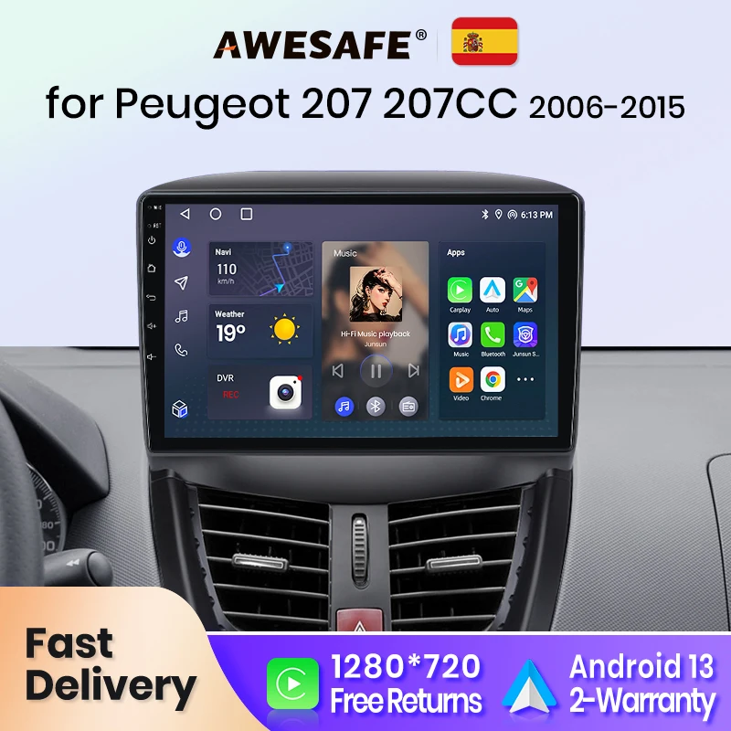 AWESAFE Wireless CarPlay for Apple Android 13 Auto Radio for Peugeot 207 207CC 2006 2007-2015 Multimedia Screen Stereo GPS RDS