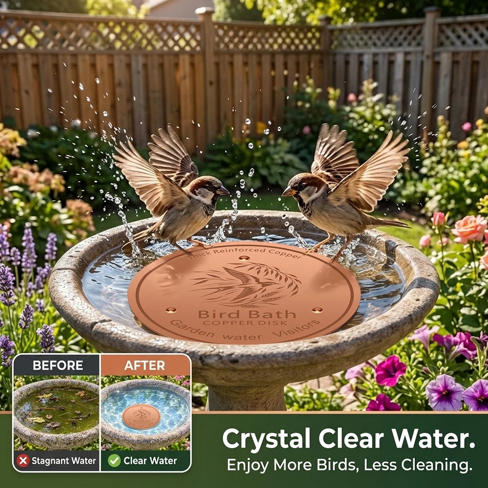 Thick Reinforced Copper Bird Bath Disk, Garden Water Visitor Attractor, Keeps Water Crystal Clear, Durable Metal Insert