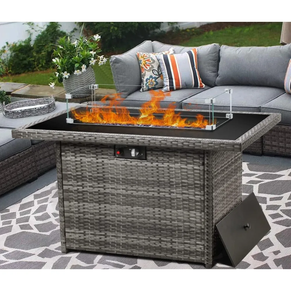 

Fire Pit Table44'' with Glass Wind Guard, Weather-resistant Wicker & Heat-resistant, Propane Fire Pit Table