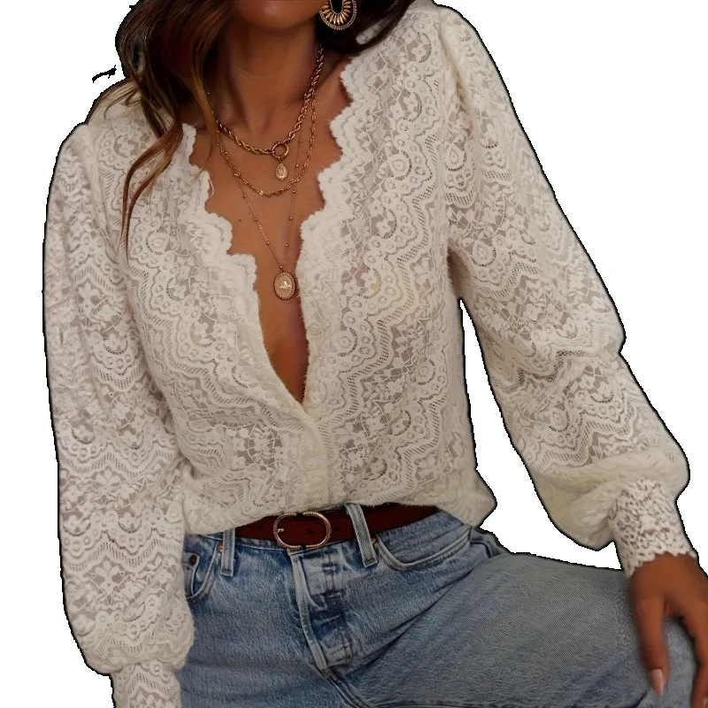 Elegant White Scallop Edge Lace Shirt Women Puff Long Sleeve Hollow See Through Blouse Office Dating Outfit Tops Female clothing