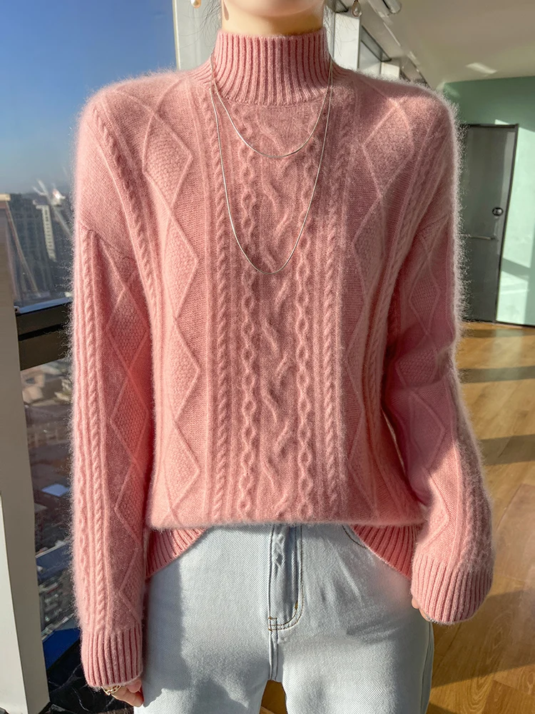 Women Sweater For Winter 100% Merino Wool Mock Neck Thick Warm Pullover Twist Flower Long Sleeve Cashmere Knitwear New Fashion