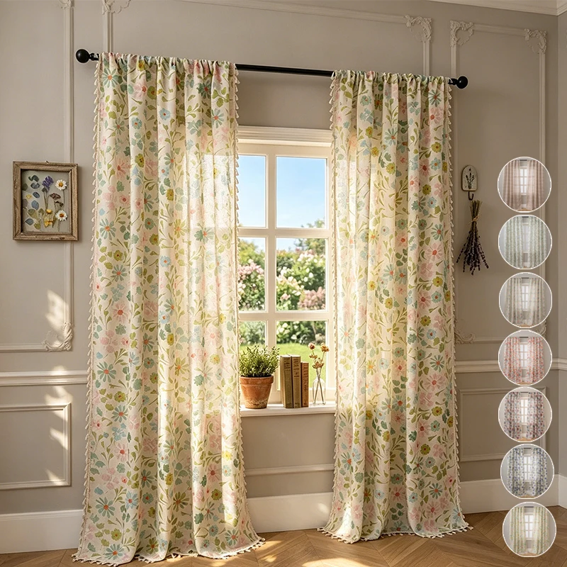 

New Semi-Sheer Blackout Curtains, Slub Linen Look Floral Print Rod Pocket Drapes for Living Room Bedroom, 1/2 Panels Ready Made