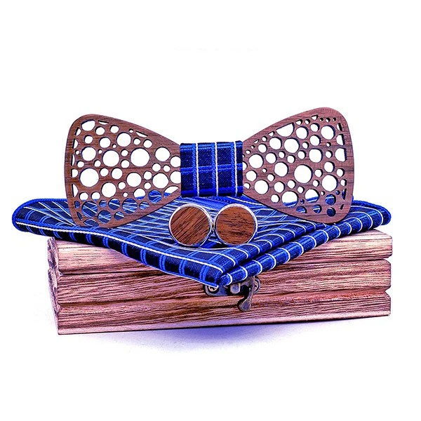Dotted Hollow Carving Wooden Bow Tie European American Wedding Suit Bow Tie Men's Accessories Cufflinks Square Scarves Gift Set