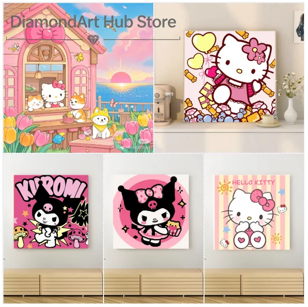 5D DIY Diamond Painting Cute Sanrio Cartoon Art, Hello Kitty Flower Garden Sunset, Candy Hello Kitty Stand, Kuromi Star