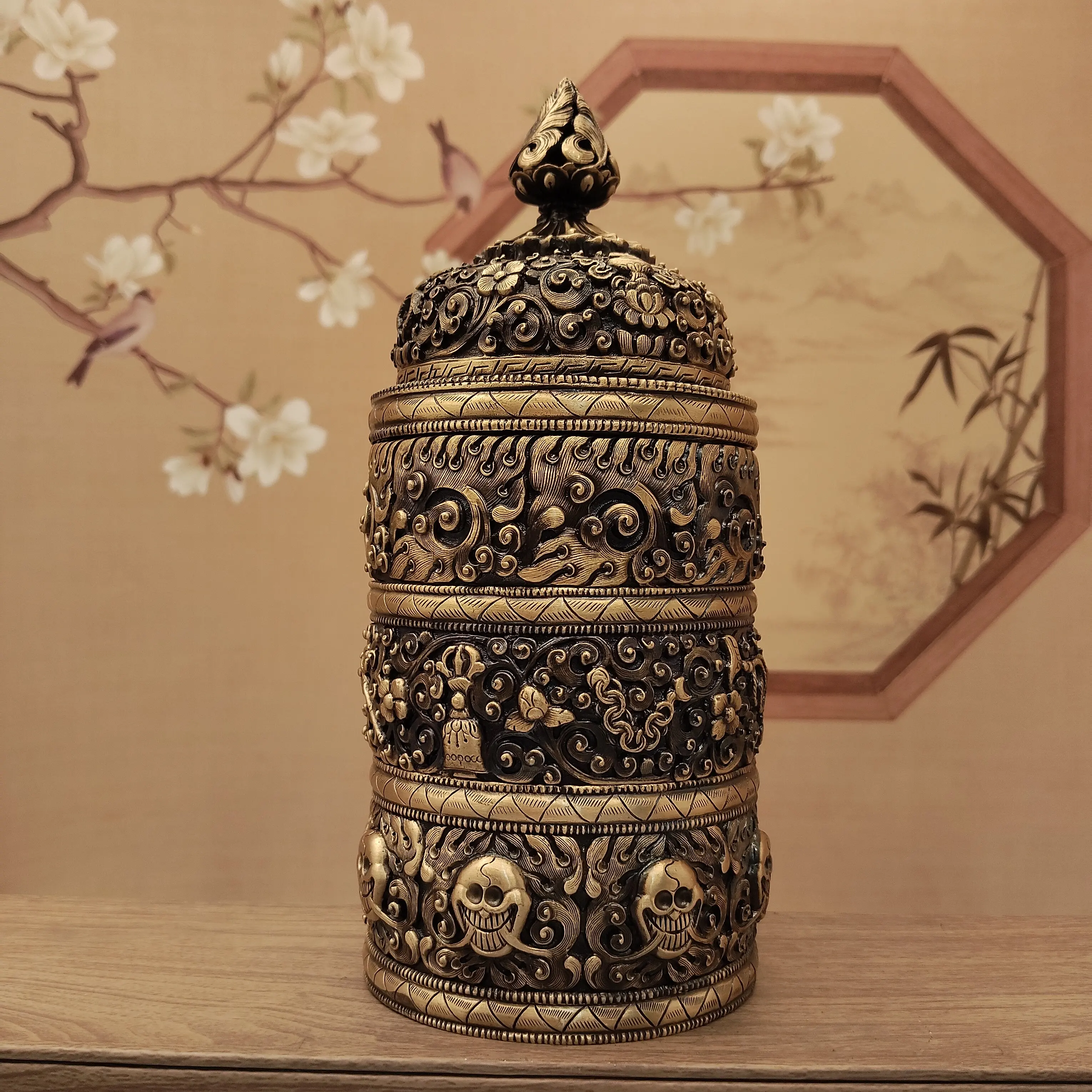 Tibetan Vajrayana Pure Copper Antique Rice Pot Storage Jar 19cm Three-Layer with Lid Home Decor