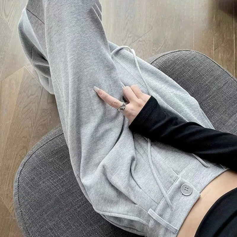 Women's Trousers Gray Straight Leg Pants Spring And Autumn Women's Oxygen Cotton High Waist Elastic Loose Drape Wide Leg Pants