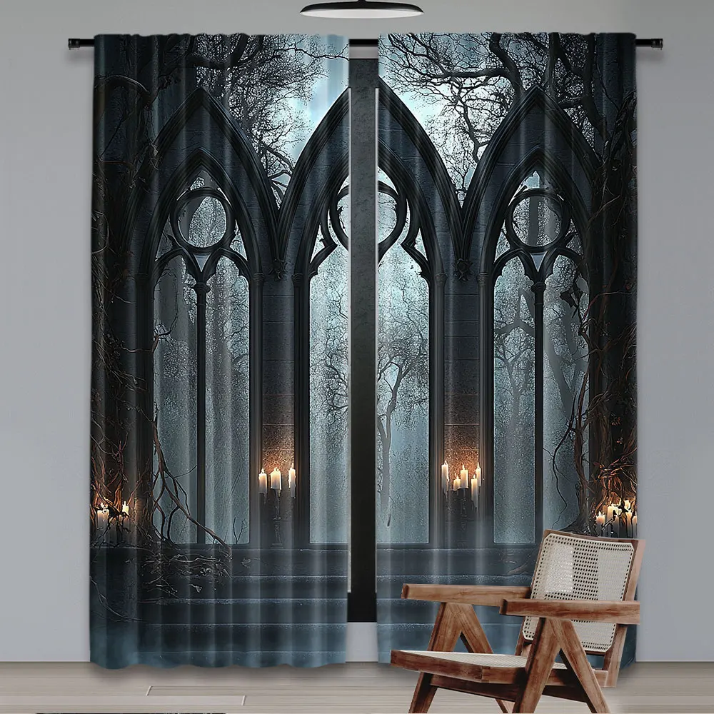 2Pcs Horror House Curtain Halloween Historical Gate Gothic Curtain Candles View For Bedroom Living Room And Dining Room B