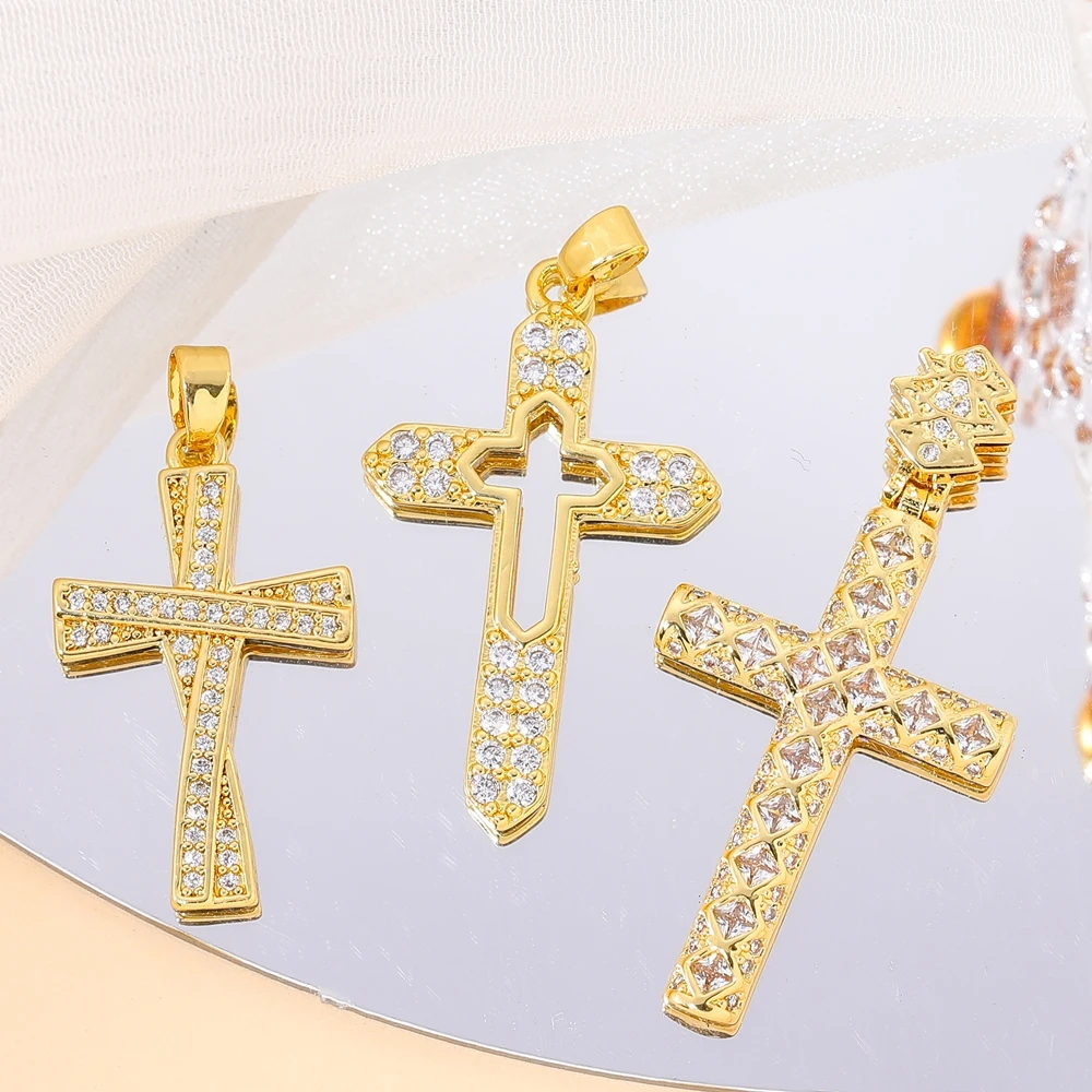 Juya 18K Real Gold Plated Micro Pave Zircon Handmade Catholic Christian Crosses Charms For DIY Religious Rosary Jewelry Making