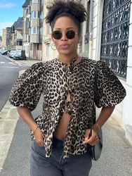 ZBZA Women's Print Leopard Blouse Bowknot Tied Ruffle Crop Puff T-shirt Round Neck Short Sleeve Folds Short Top New Female Tops