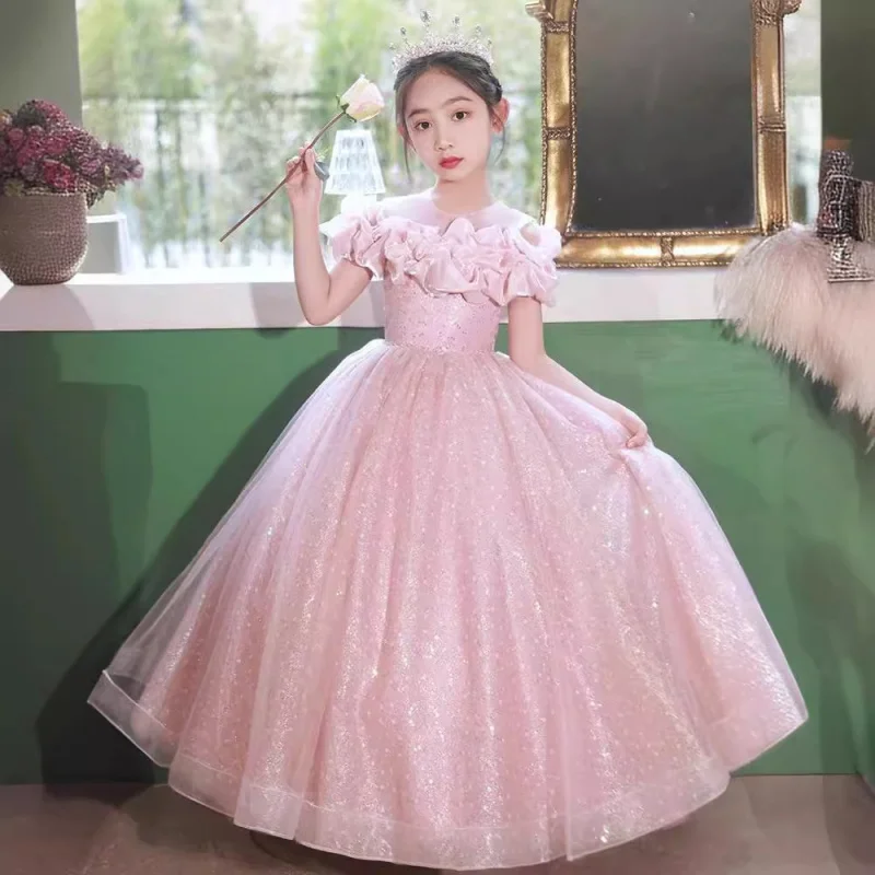 

Pink Elegant Evening Children's Piano Host Performance Flower Girl Summer Princess Long Dress
