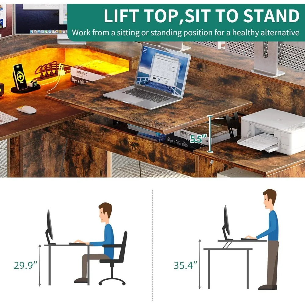 L Shaped Computer Desk com Tomadas de Energia e Luzes LED, Gavetas, Lift Top, Home Office Desk, Monitor Stand, 60 pol