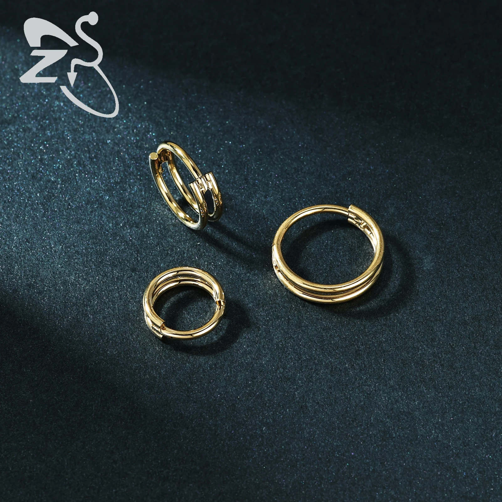 ZS 1PC Gold Color Septum Ring Crystal Nose Piercing Stainless Steel Nose Clicker Double-Layer Plain Circle Cartilage Piercings