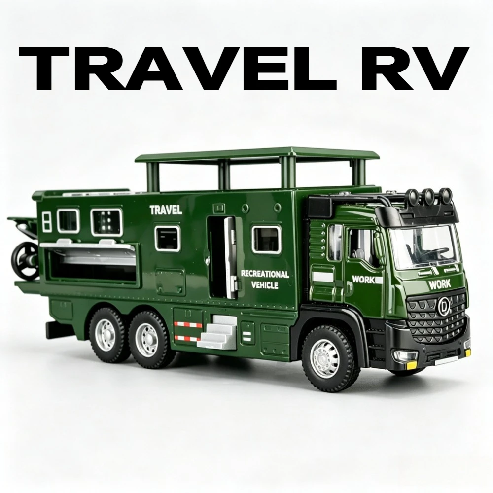 1:43 Travel RV Model Car Toy Metal Diecast Doors Opened Pul Back Camping Cars Miniature Transport Vehicle Ideal Ornament