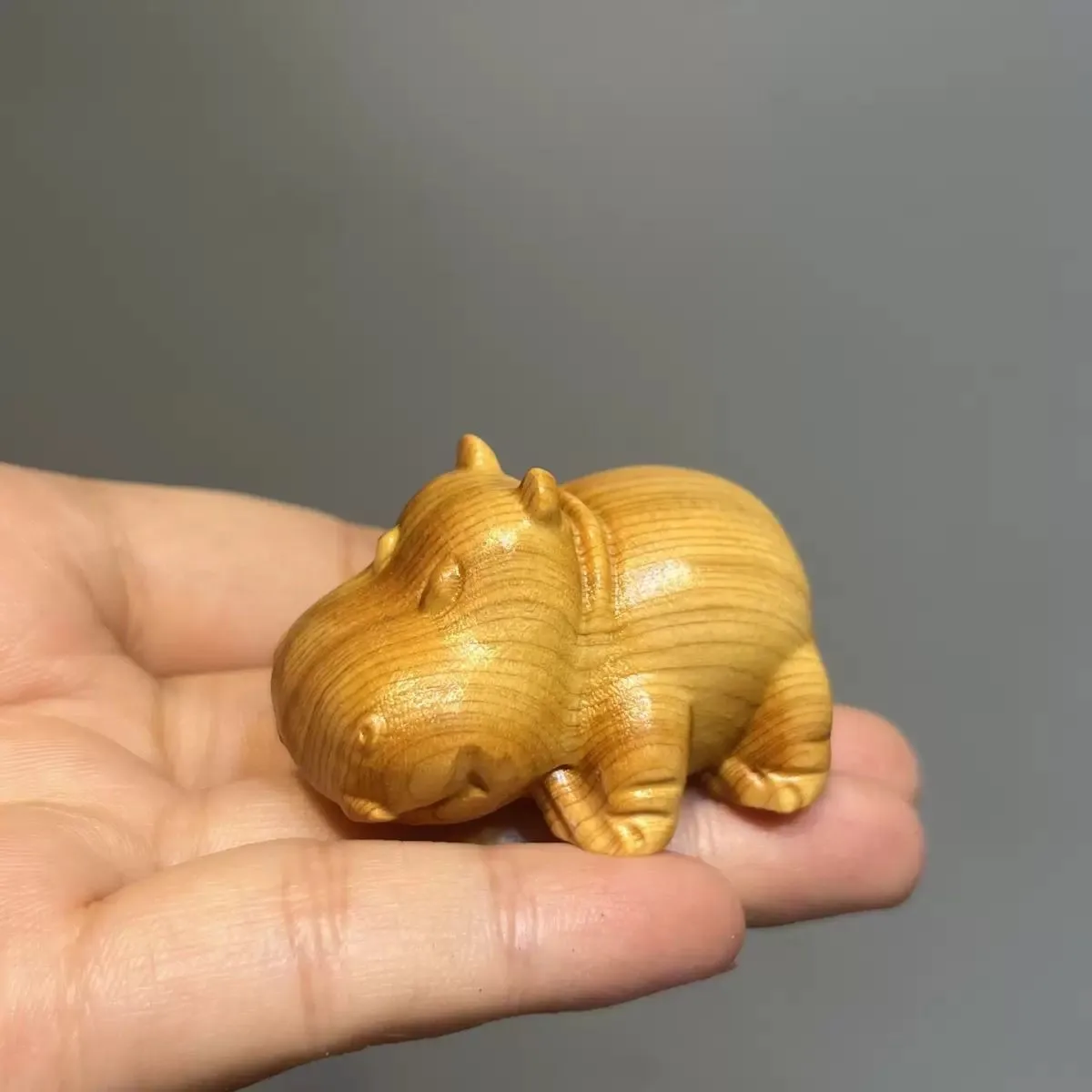 Arborvitae Wood Hippo Carving Handheld Charming Animal Sculpture Natural Grain
