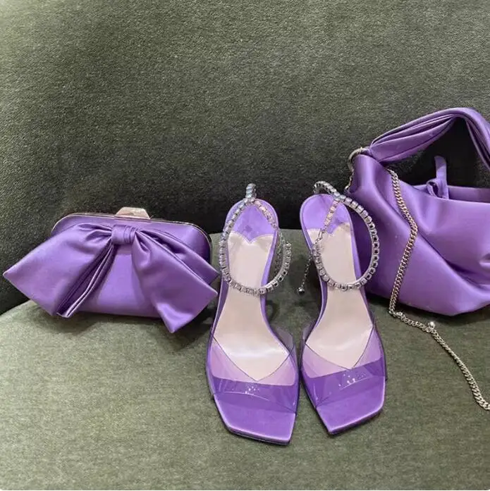 

Violet Clear PVC Square Peep Toe Bling Crystal Ankle Wrap Summer Sandals Lady's Rhinestone Chains Thin High Heel Banquet Shoes