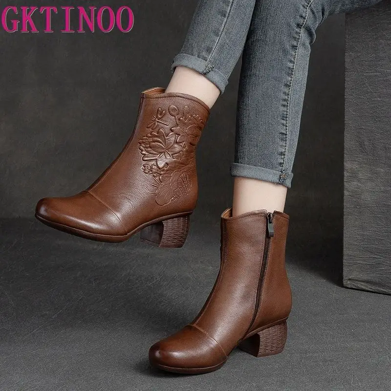 GKTINOO Women Boots 2024 New Woman Short Boots Round Toe Genuine Leather Autumn/Winter Shoes Square Heels Female Footware