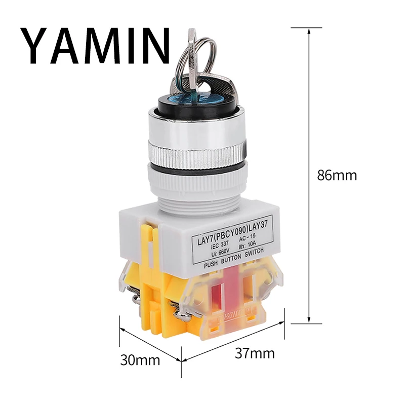LAY37-11Y2 20Y3 Rotary Button Switch With Key 2 Position/3 Position 22mm 10A 1NO/1NC 2NO Locking Type