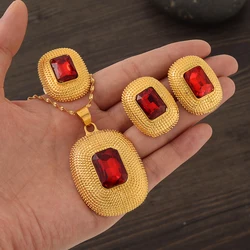 Party Wedding Ethiopian Red Stone Jewelry Sets Gold Color Fashion Stone Sets for African Traditional Festival