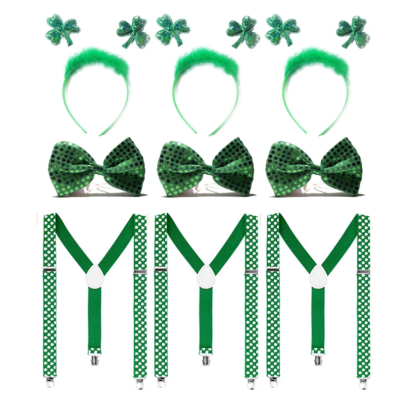 

St. Patrick's Day Irish Collection Clothing Beer Festival Party Accessories Set Green Head Buckle Bow Tie Strap 9-piece Set