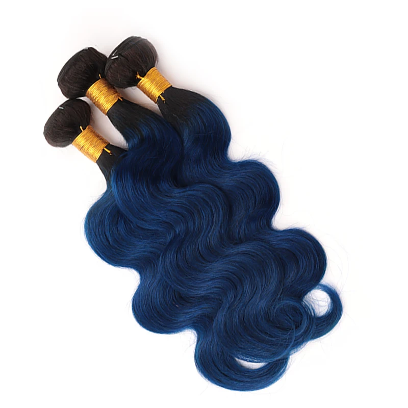 Ombre Body Wave 1B/Blue Human Hair Malaysian Body Wave 3 Bundles Dark Roots To Medium Auburn 2 Tone Bundles Malaysian Hair Weave