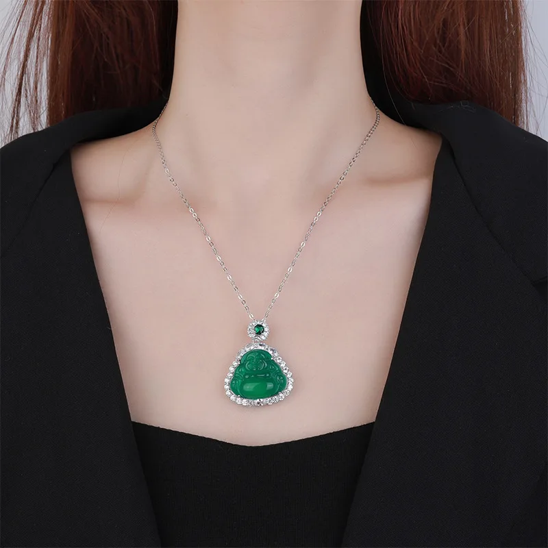 Jewelry S925 Silver Ice Chalcedony Buddha Pendant Necklace for Women