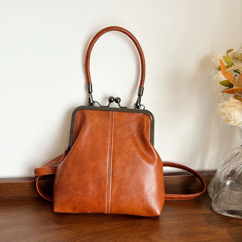 Elegante Kiss Lock Umhängetasche PU Leder Retro Chinesischen Stil Umhängetasche Einfarbig Große Kapazität Vintage frauen Handtasche