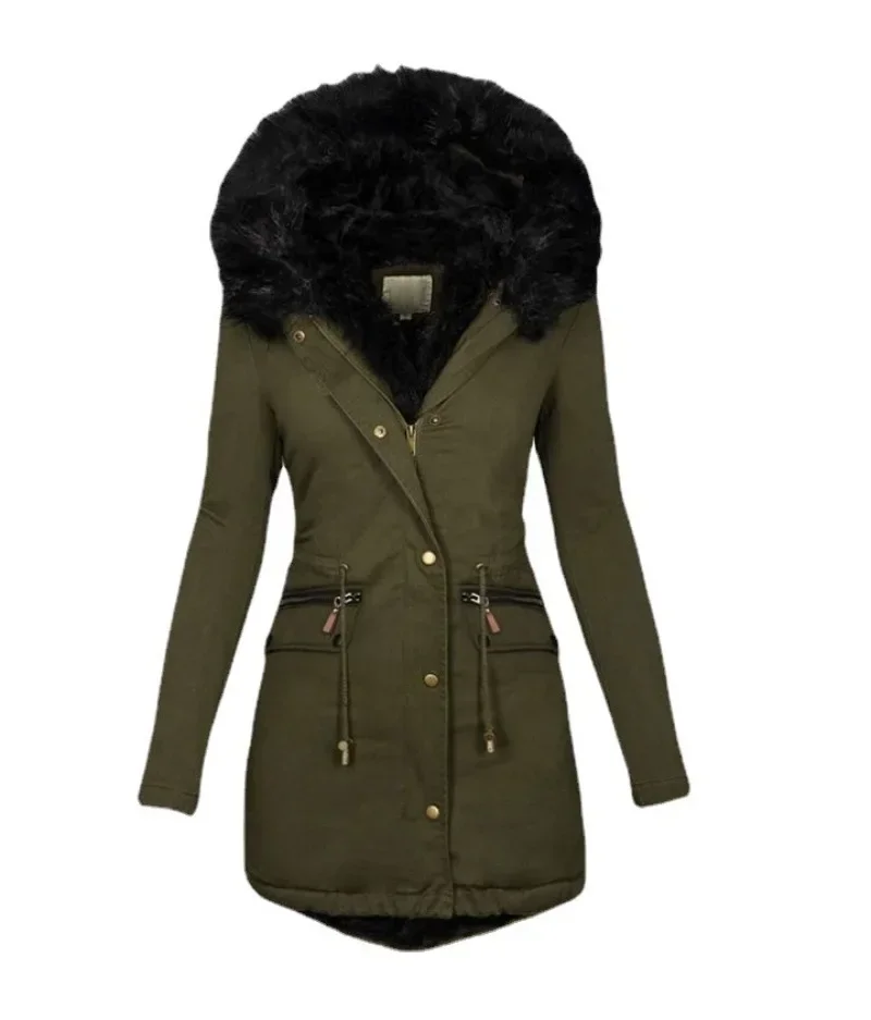 Womens Parkas  Autumn and Winter Solid Color Fur Collar Hooded Mid Length Warm Cotton Jacket for Women