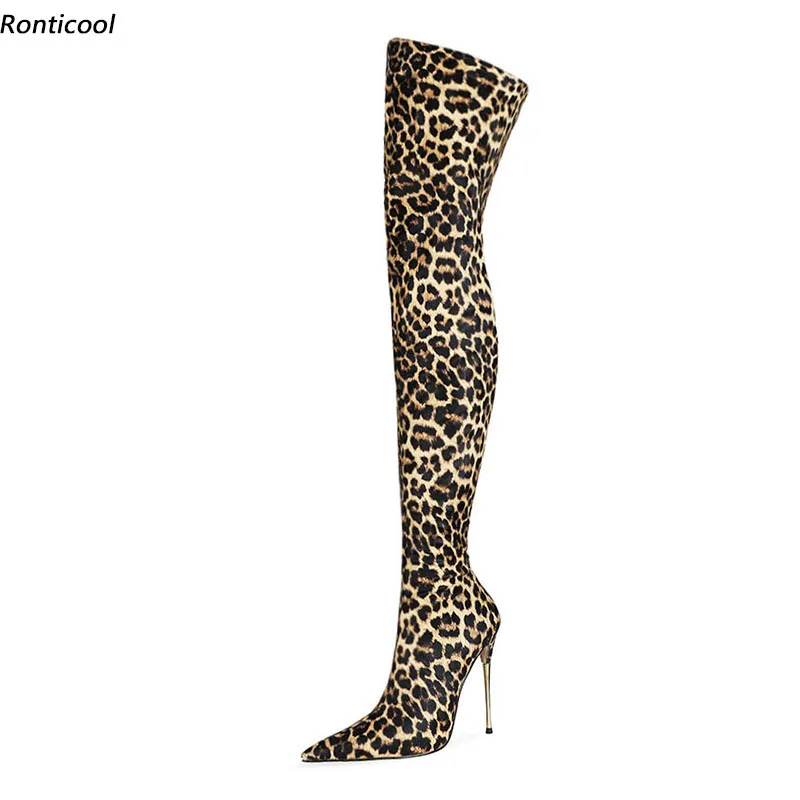 Ronticool 2021 New Women Spring Thigh Boots Back Zipper Sexy Thin Metal Heel Pointed Toe Pretty Leopard Party Shoes Us Size 5-13
