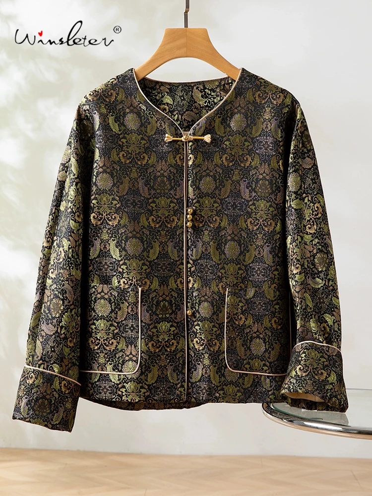 

Winsleter-100%Real Silk Song Brocade Elegant Coat, O Neck Geometry, Women Retro Temperament Loose Coat, 2025 Winter New C5D468CC