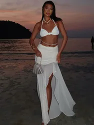 Tossy White Backless Ruffled 2-piece Skirt Suit Women's Halter Halter Bra Solid Color See-through Beach Vacation Long Skirt Suit