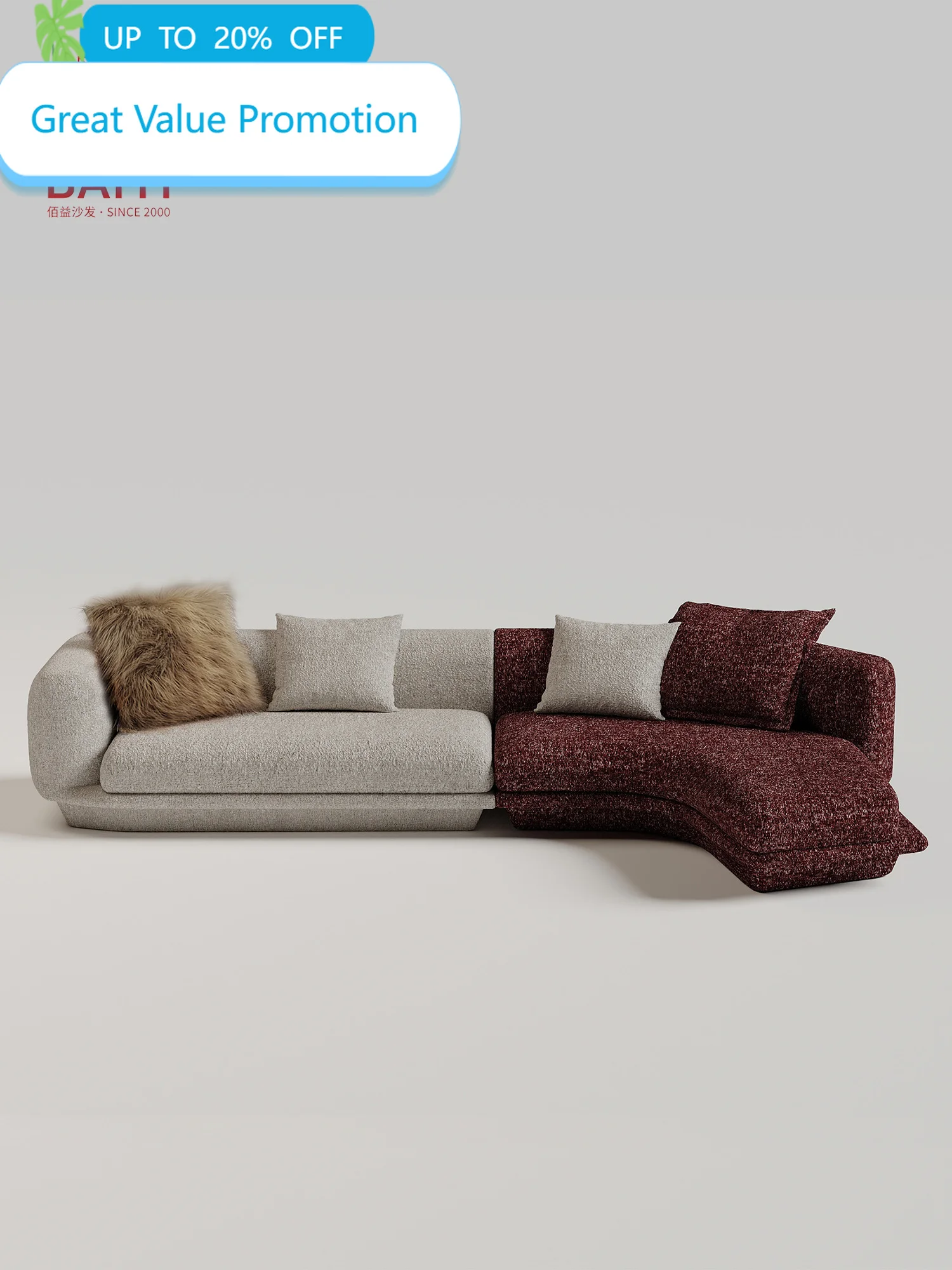 Ivory And Burgundy Two Tone Modular Sofa Curved Chaise Boucle Upholstery Wraparound Armrest For Living Room Villa Bedroom