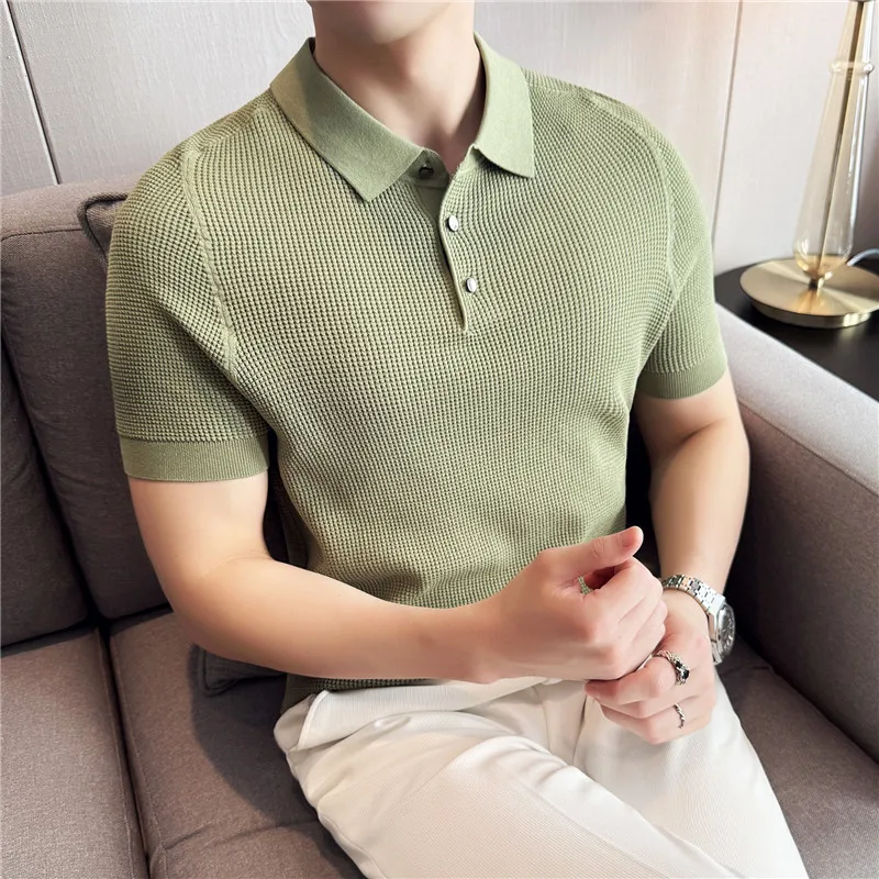 Men Knitted Polo Shirt Summer Light Thin Breathable Solid Casual Elastic Slim Fit Short Sleeved T-shirt Fashion Men Clothing
