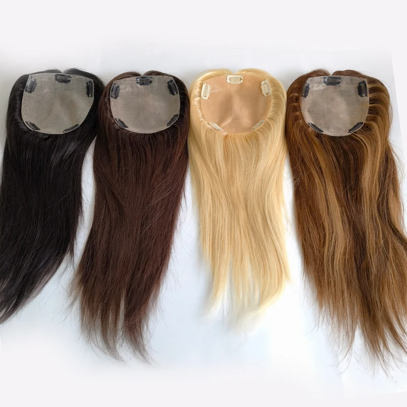 Remy Clip in Human Hair Toppers for Women 12-20Inch,15x16cm Silk Base with Center Parting Human Hair Wigs for Thinning Hair