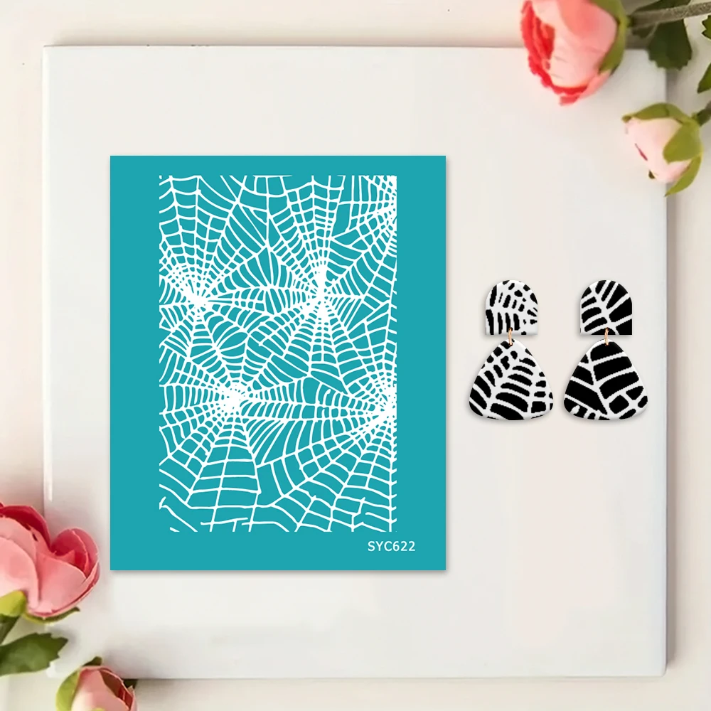 Polymer Clay Silk Screen Stencils,Reusable Sugar Skull/Spider Web Print Templates,DIY Earring Making Tool for Halloween Handmade view 2