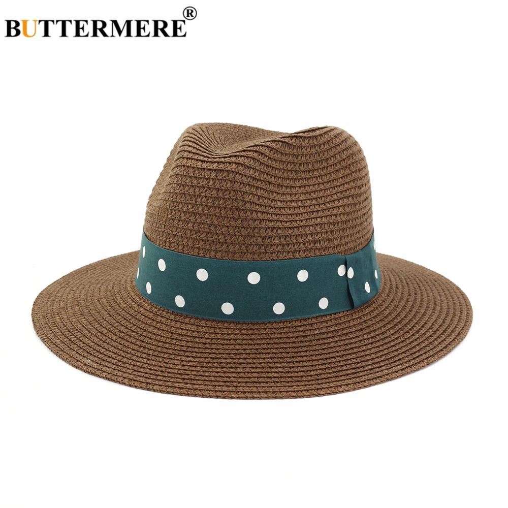 BUTTERMERE Vintage Panama Hat Women Straw Fedora Female Sunhat Summer Beach Sun Visor Cap Chapeau Dot Jazz Trilby Cap Sombrero