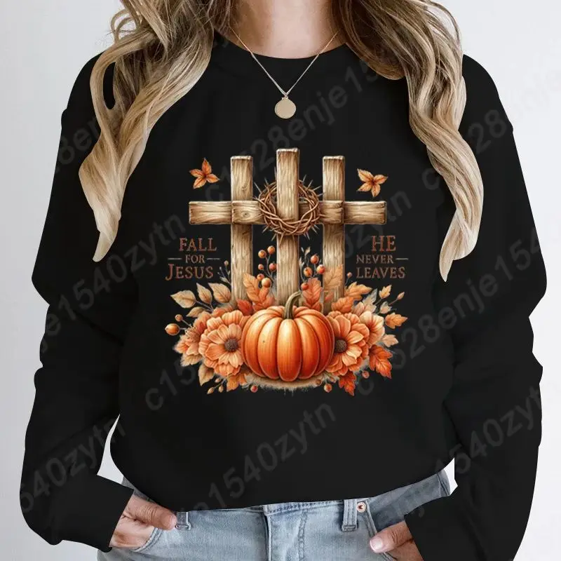 

Pumpkin Flower Fall For Jesus He Never Leaves Pullover Autumn Winter Creative Tops Ladies Casual Sweatshirts Crew Neck Pullovers