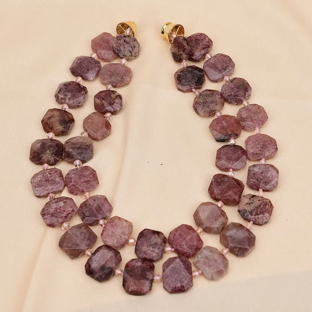 

GG 2 Rows Natural Large Faceted Strawberry Moscovite Quartz Stone Chunky Necklace