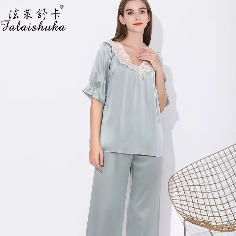 19 momme 100% genuine silk women pajama sets Elegant noble pure natural silk sexy lace women sleepwear T8264