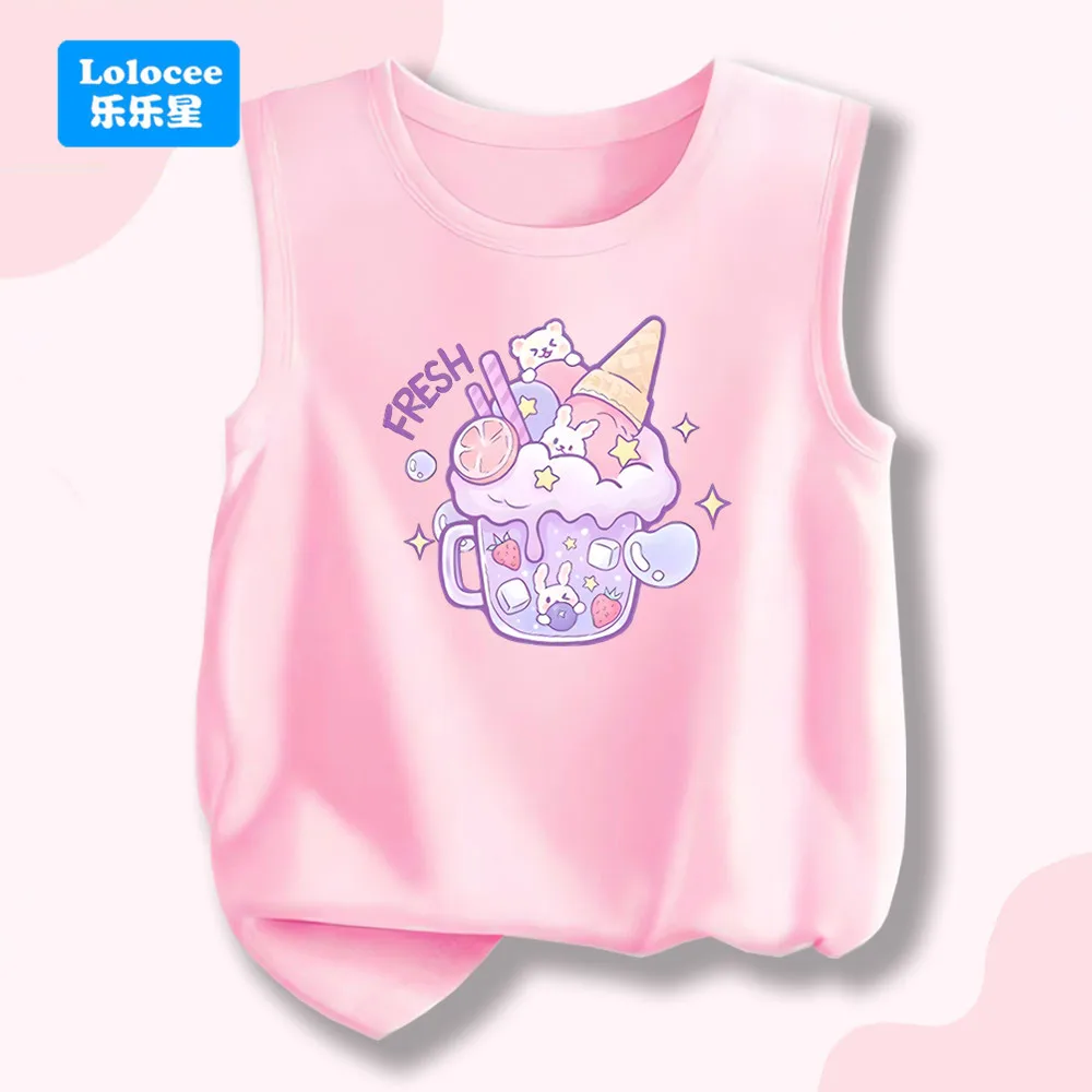 Korean Version Baby Girl Summer New Drink and Ice Cream Print Tank Top Sleeveless T-shirt Cotton Vest Round Neck Singlet YLXX1