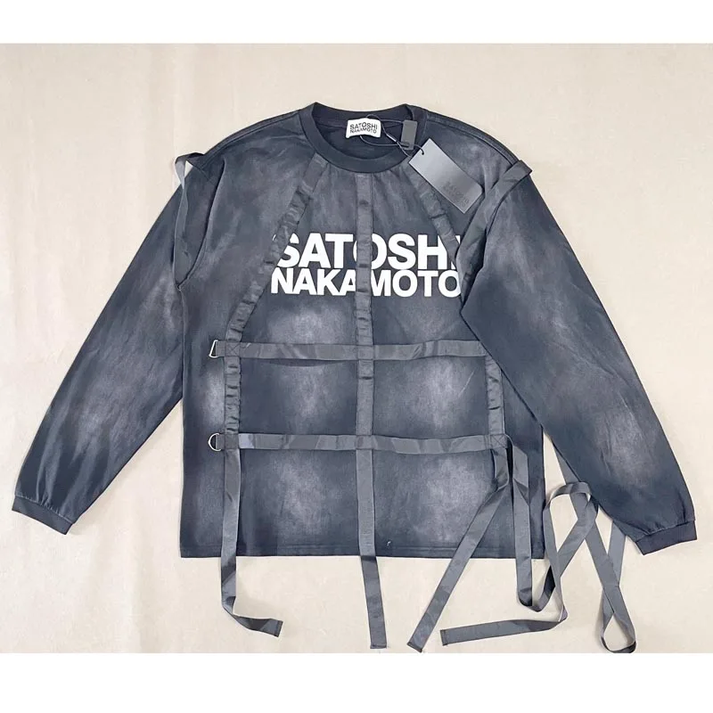 Men Loose Casual Washed Black Satoshi Nakamoto Long Sleeve Shirt Deconstructed Ribbon Harness Street Pullover