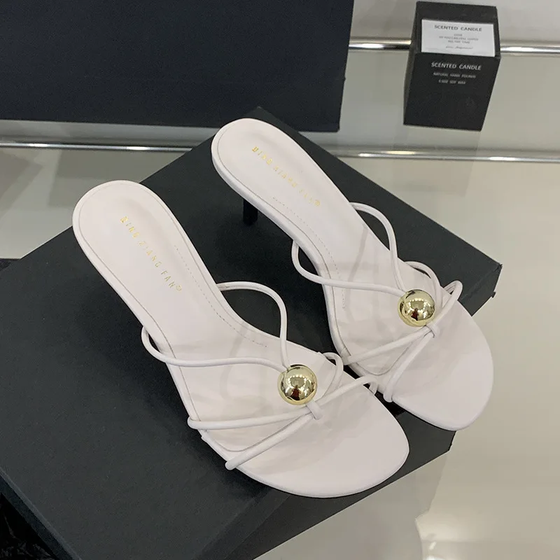 

2026 New Thin Heels Footwear Slippers Slides Shoes For Women Metal Fashion Round Toe Ladies High Heels Slippers Female Sandals