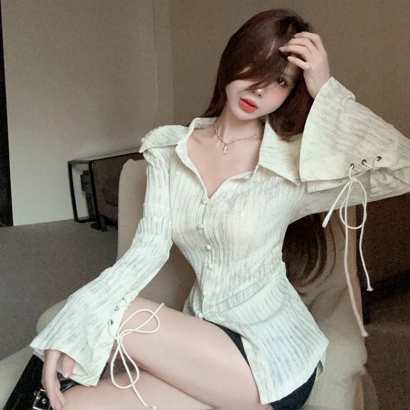 Casual Shirts Women Button-up Bandage Lantern Sleeve Casual Tops All-match Temper Design Tender Slim Korean Tie Dye Chic Daily