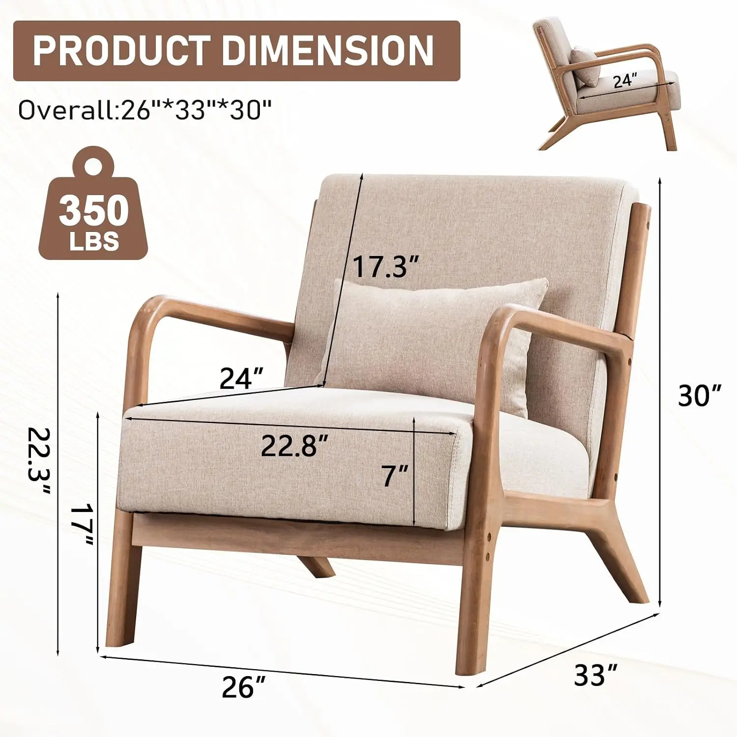 Mid Century Modern Accent Chair Set of 2, Fabric Lounge Armchair with Wood Frame, Easy Assembly Living Room Beige, Customized