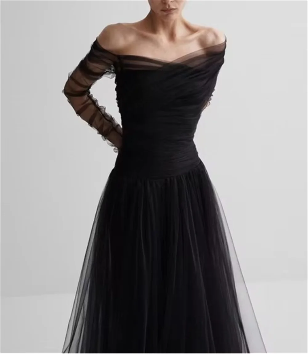 فستان سهرة مخصص بدون حمالات من التل بطيات وأكمام طويلة على شكل حرف A فستان حفلات رسمي أنيق جديد 2025 فستان حفلات نسائي