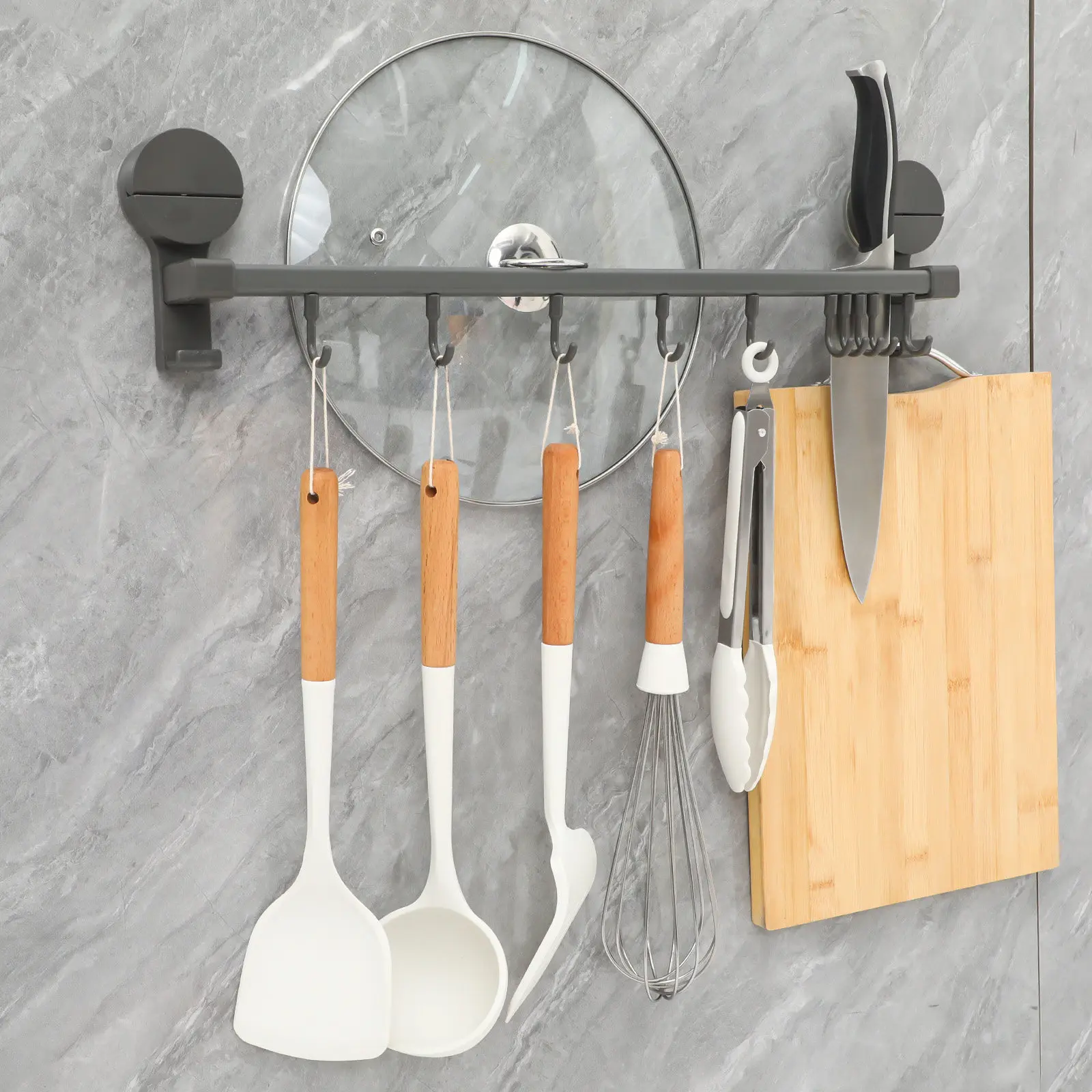 Kitchen Utensil Hanger 10 Hook Suction Cup Mounted Sliding Rail Rack No Drill Wall Organizer for Spatulas Towels Cooking Tools