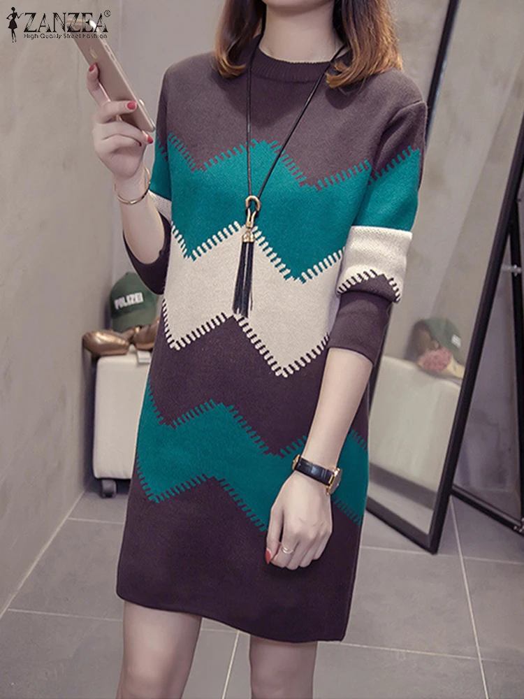 Abito da donna al ginocchio lavorato a maglia ZANZEA 2025 Autunno Abiti a maniche lunghe Elegante O-Collo Robe Colorblock Stampa ondulata Vestito estivo