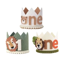 1Pcs Lion Teddy Bear One Year Crown Birthday Hats Kids Cartoon Animal Jungle Happy Birthday Baby Shower Wild One Party Decor